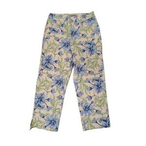High Sierra Ivory And Blue Floral Flat Front Lightweight Cotton Pants sz 6